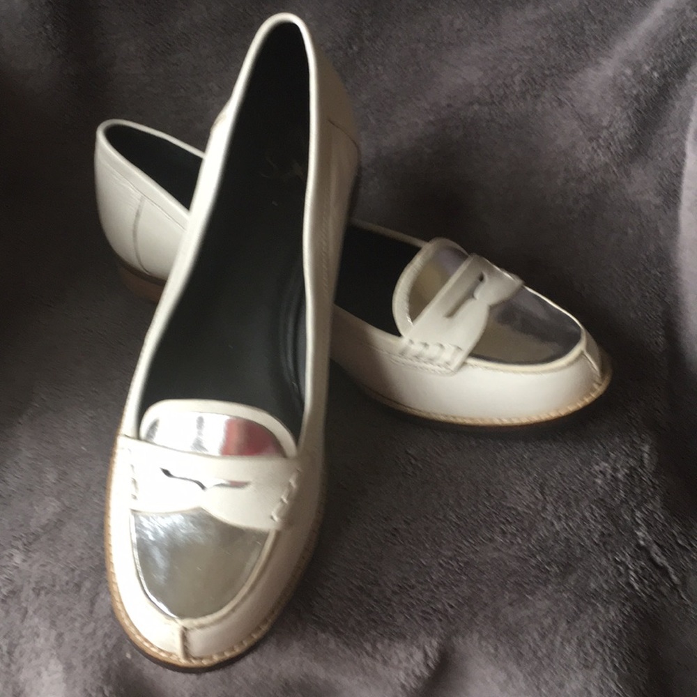 Donald J. Pliner White and Silver Leather Loafers